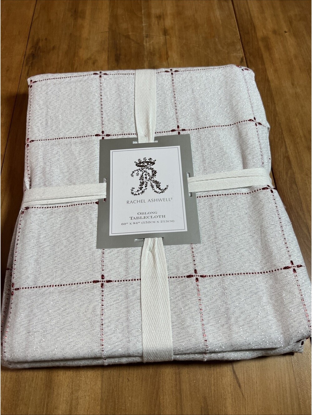 Rachel Ashwell White, Silver & Red Oblong Tablecloth 60”x 84”, New